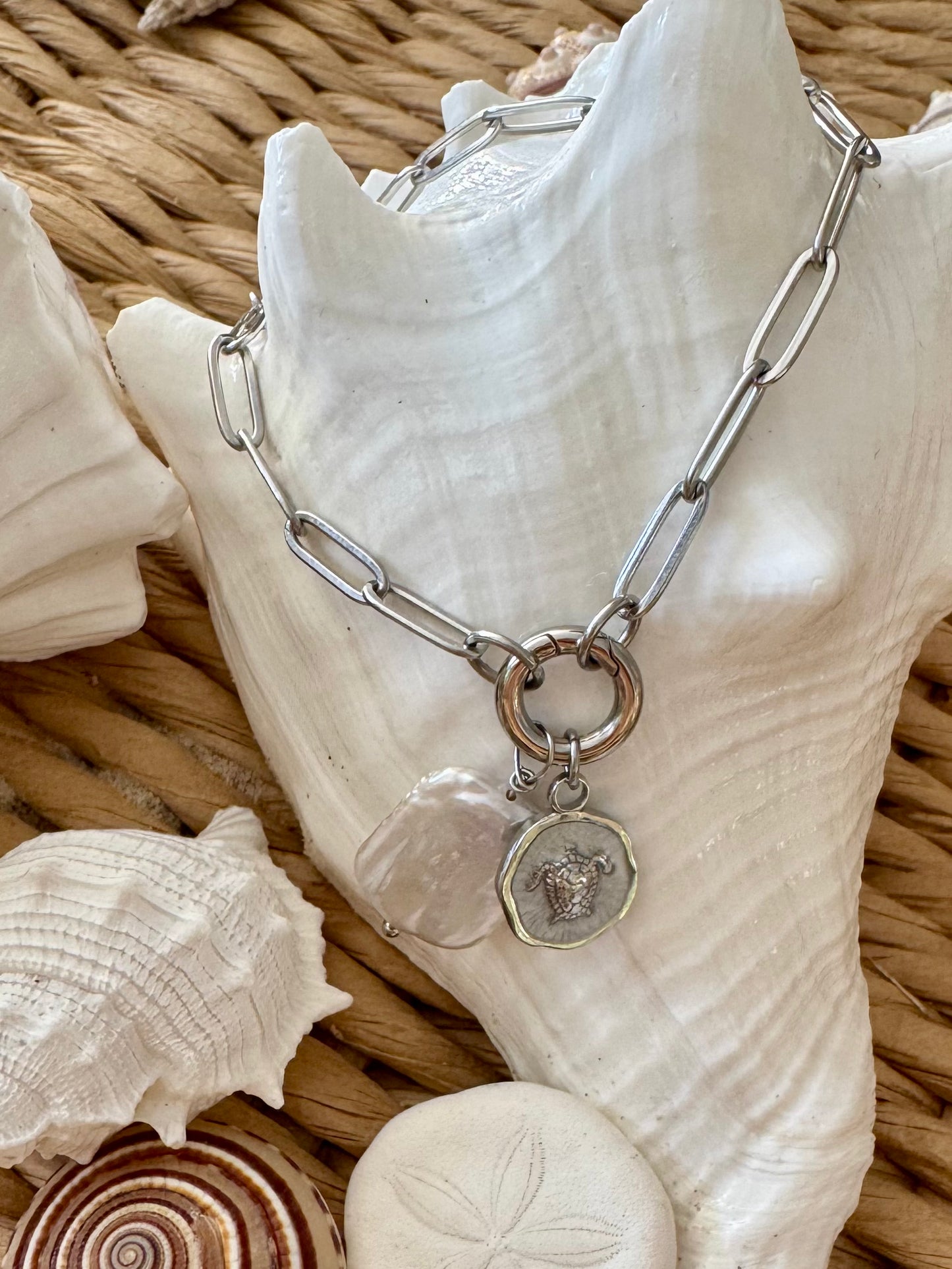Paperclip chain pendant holder necklace- stainless