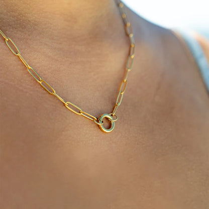 Paperclip Chain Pendant Keeper Necklace- 18k PVD Gold Plated SS