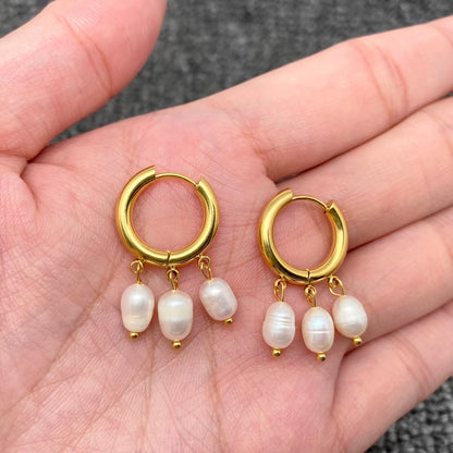 Triple Pearl Charm Large Huggie Earrings