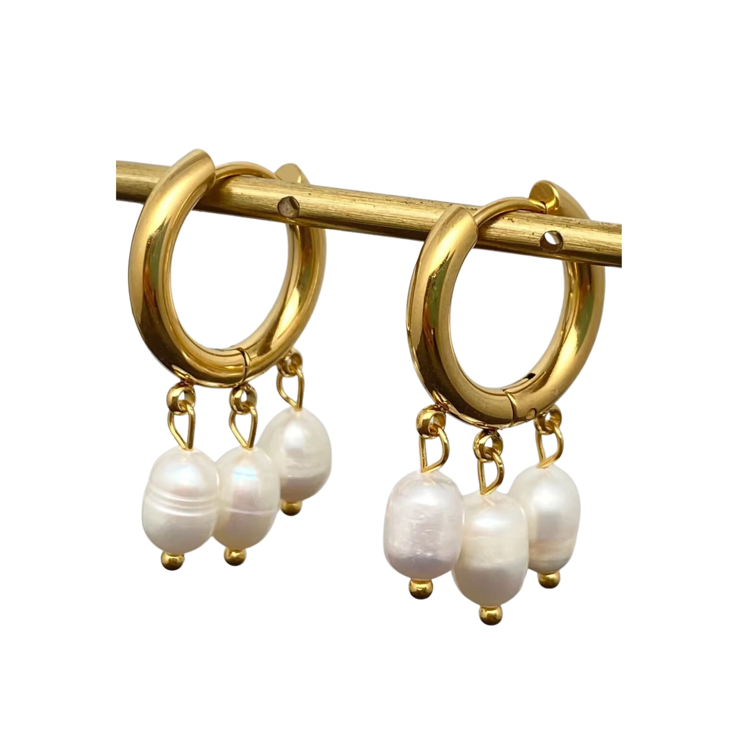 Triple Pearl Charm Large Huggie Earrings