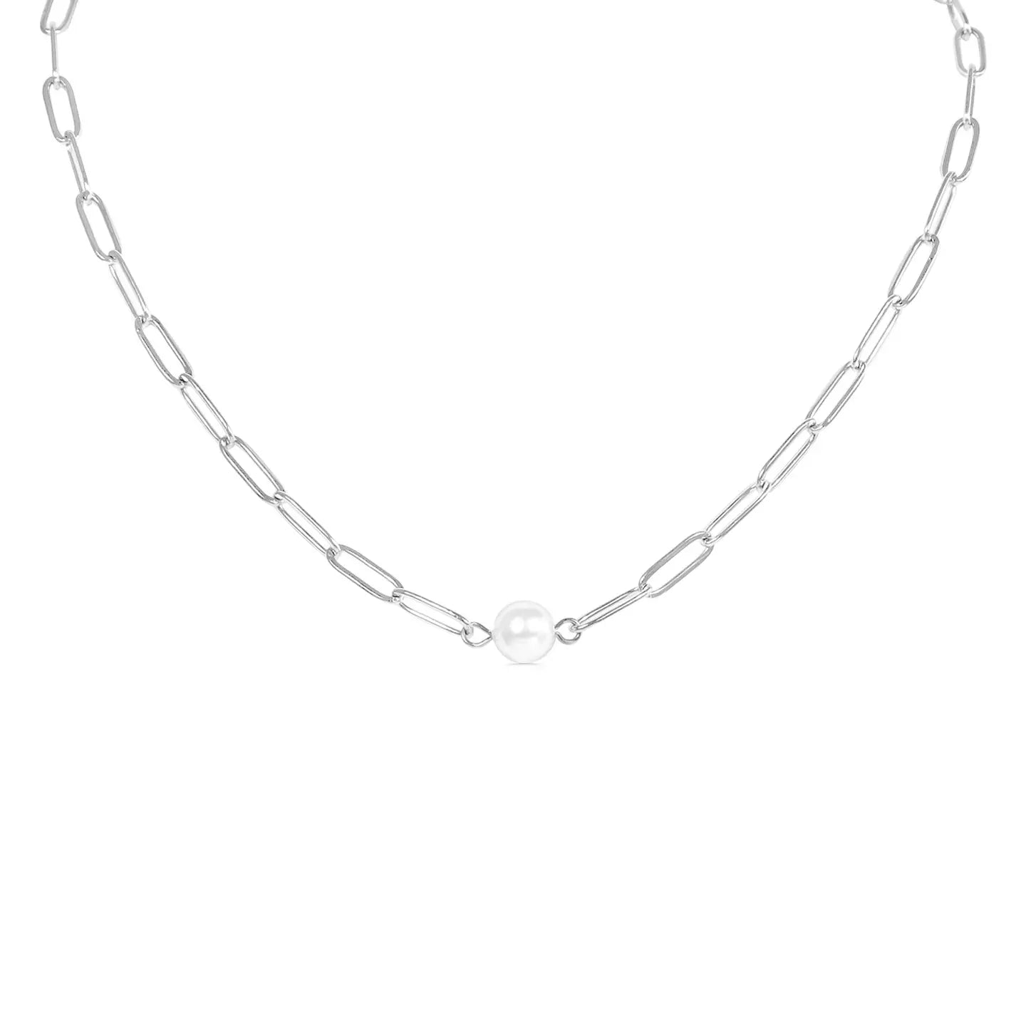Paperclip chain necklace with pearl